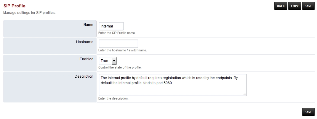 FusionPBX Internal SIP Profile